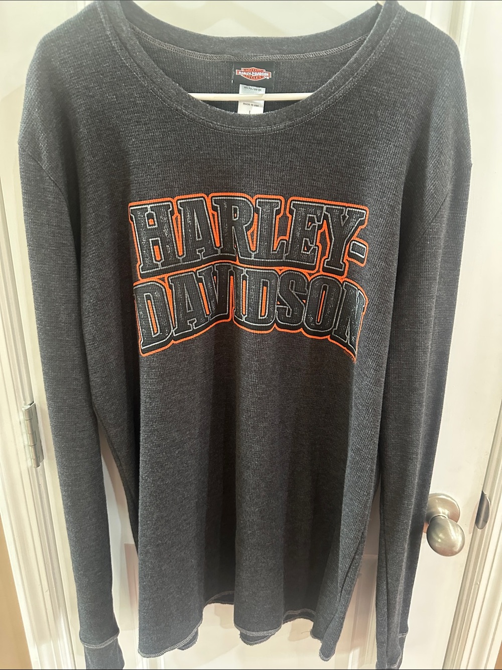 Harley-Davidson Charcoal Long Sleeve Tee with Orange-Outlined Black Logo